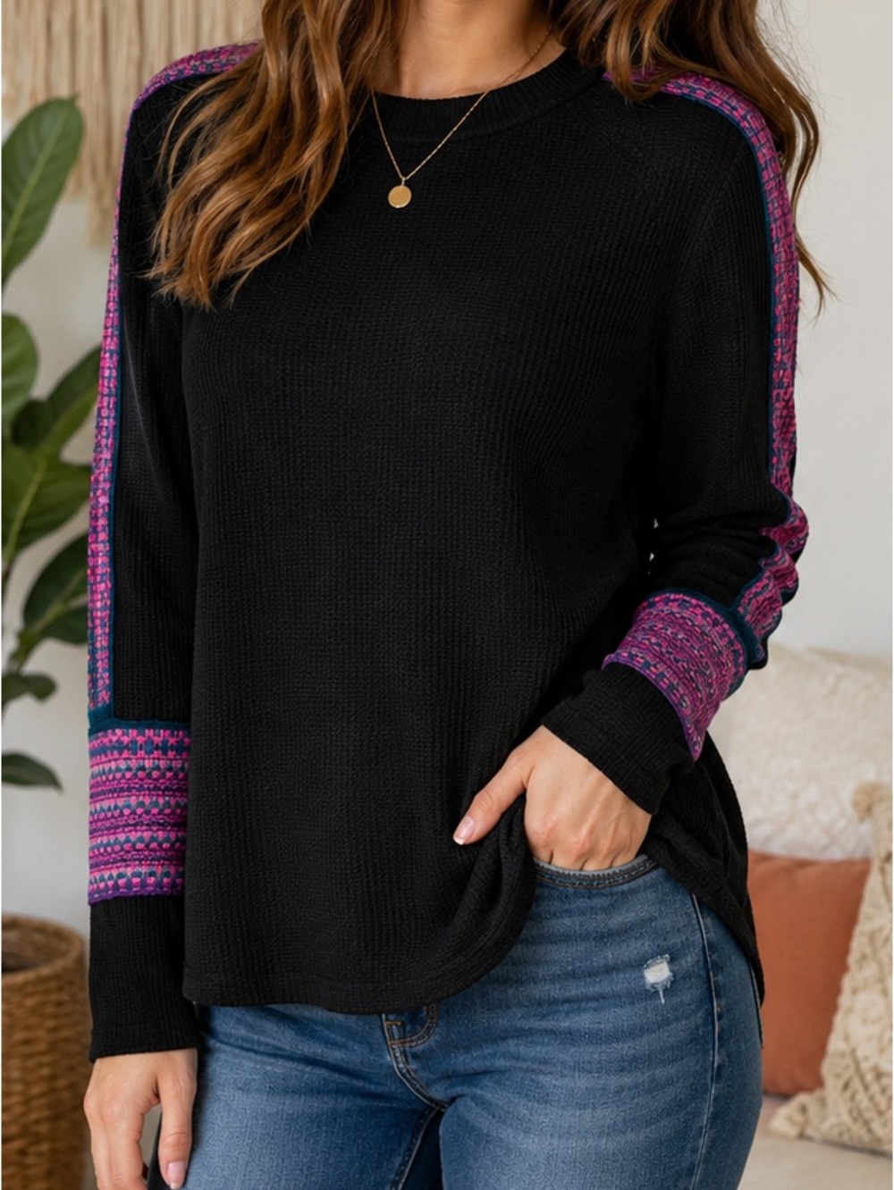 Natural Life Black Waffle Knit Thermal Top M Boho Pink Purple Trim